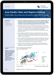 First page of Oxford Economics' Research Briefing titled APAC cities outlook, Q2 2021