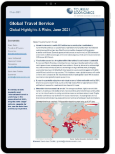 The first page of Oxford Economics' Research Briefing titled Global travel outlook highlights & risks which is released in June 2021