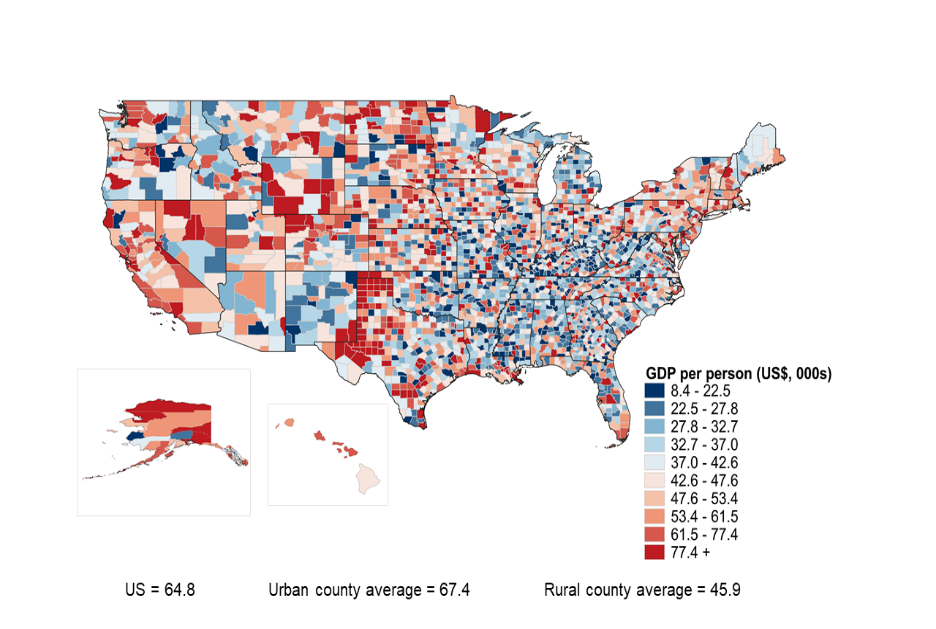 Rural areas have lower income per head than urban areas evidence from the US, 2019