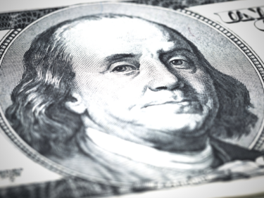 Portrait of Benjamin Frankilin close-up shots from one hundred dollars banknote