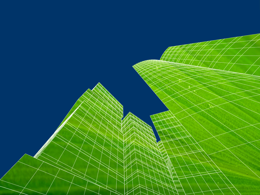 An image of a building silhouette overlaid on a vibrant green background, representing the sustainable future of real estate