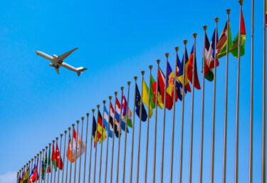 Photograph of airplane and flags