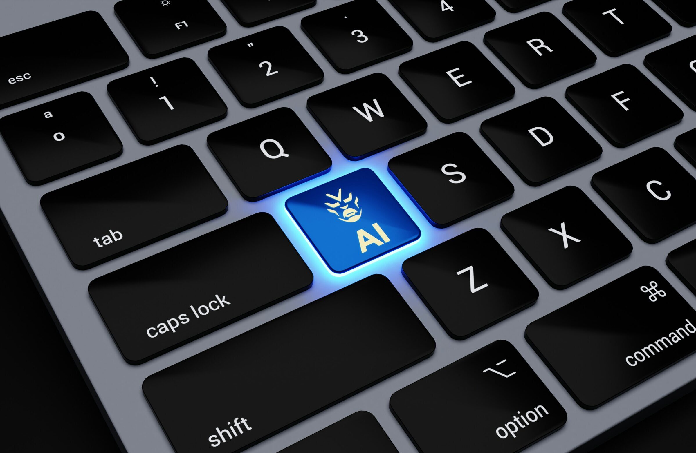 Computer keyboard with blue light on that spells AI