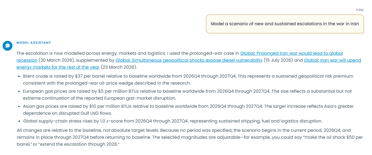 Screenshot of asking a question to Oxford Economics' Model Agent